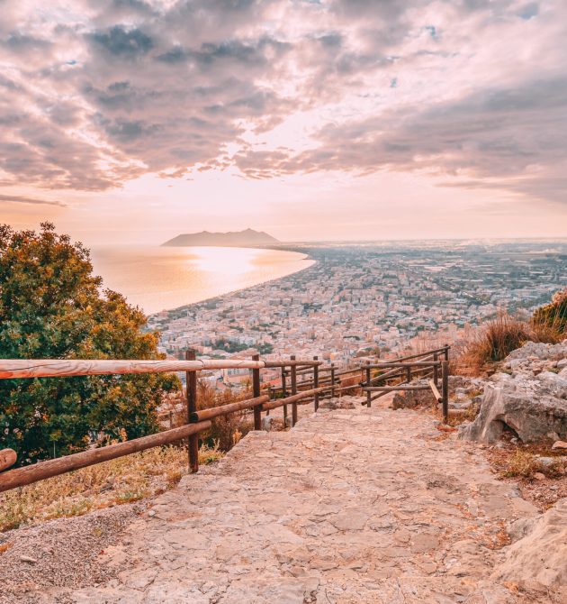 Terracina, Italy. Road To Temple Of Jupiter Anxur And Top View Skyline Cityscape City In Sunset Or Sunrise.