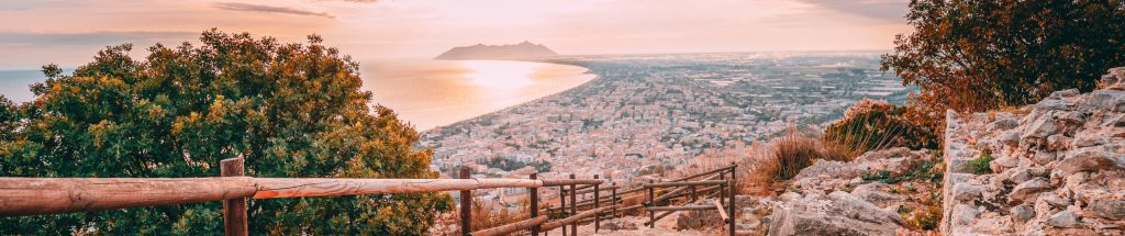 Terracina, Italy. Road To Temple Of Jupiter Anxur And Top View Skyline Cityscape City In Sunset Or Sunrise.